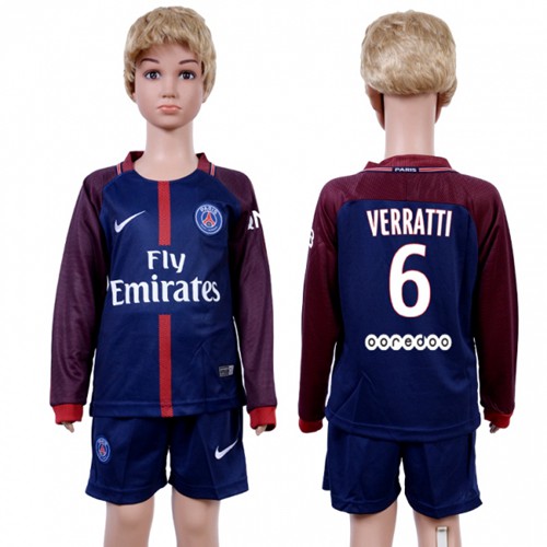Paris Saint-Germain #6 Verratti Home Long Sleeves Kid Soccer Club Jersey